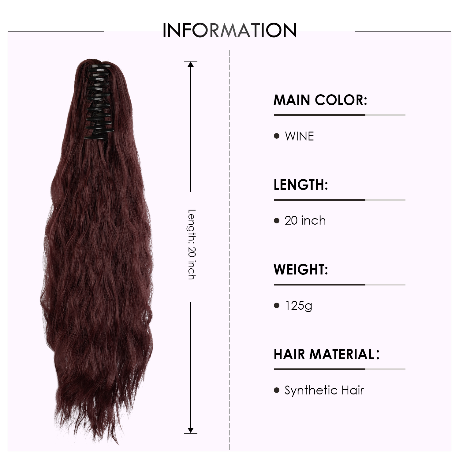 Sofeiyan Claw Clip in Ponytail Hair Extension Synthetic Long Corn Wave 20 Inch Curly Ponytail Hairpiece for Women Daily Party Use, Wine Red