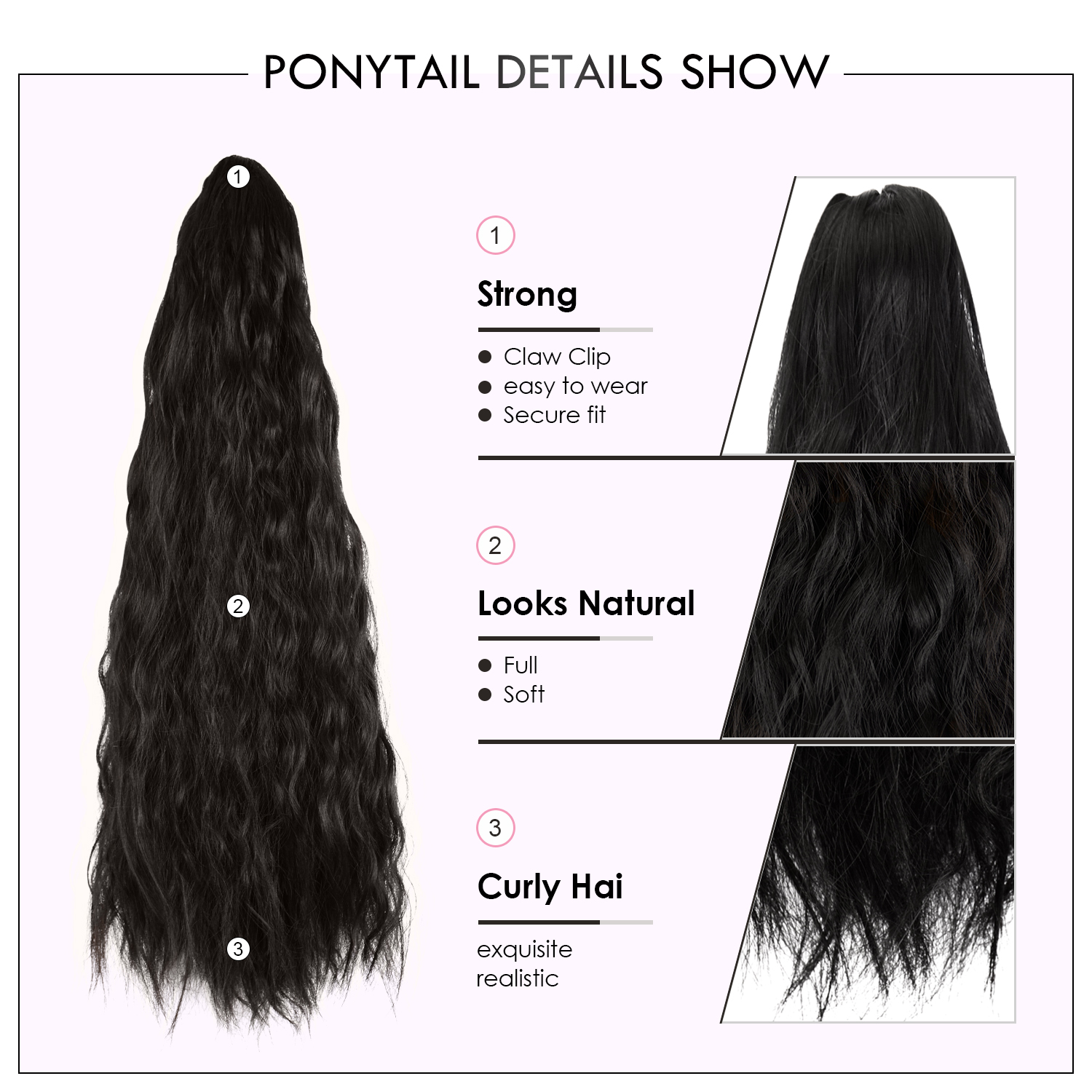 Sofeiyan Claw Clip in Ponytail Hair Extension Synthetic Long Corn Wave 20 Inch Curly Ponytail Hairpiece for Women Daily Party Use, Natural Black