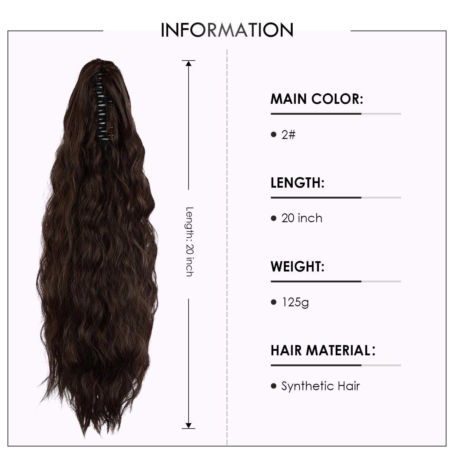 Sofeiyan Claw Clip in Ponytail Hair Extension Synthetic Long Corn Wave 20 Inch Curly Ponytail Hairpiece for Women Daily Party Use, Darkest Brown & Dark Auburn Mixed