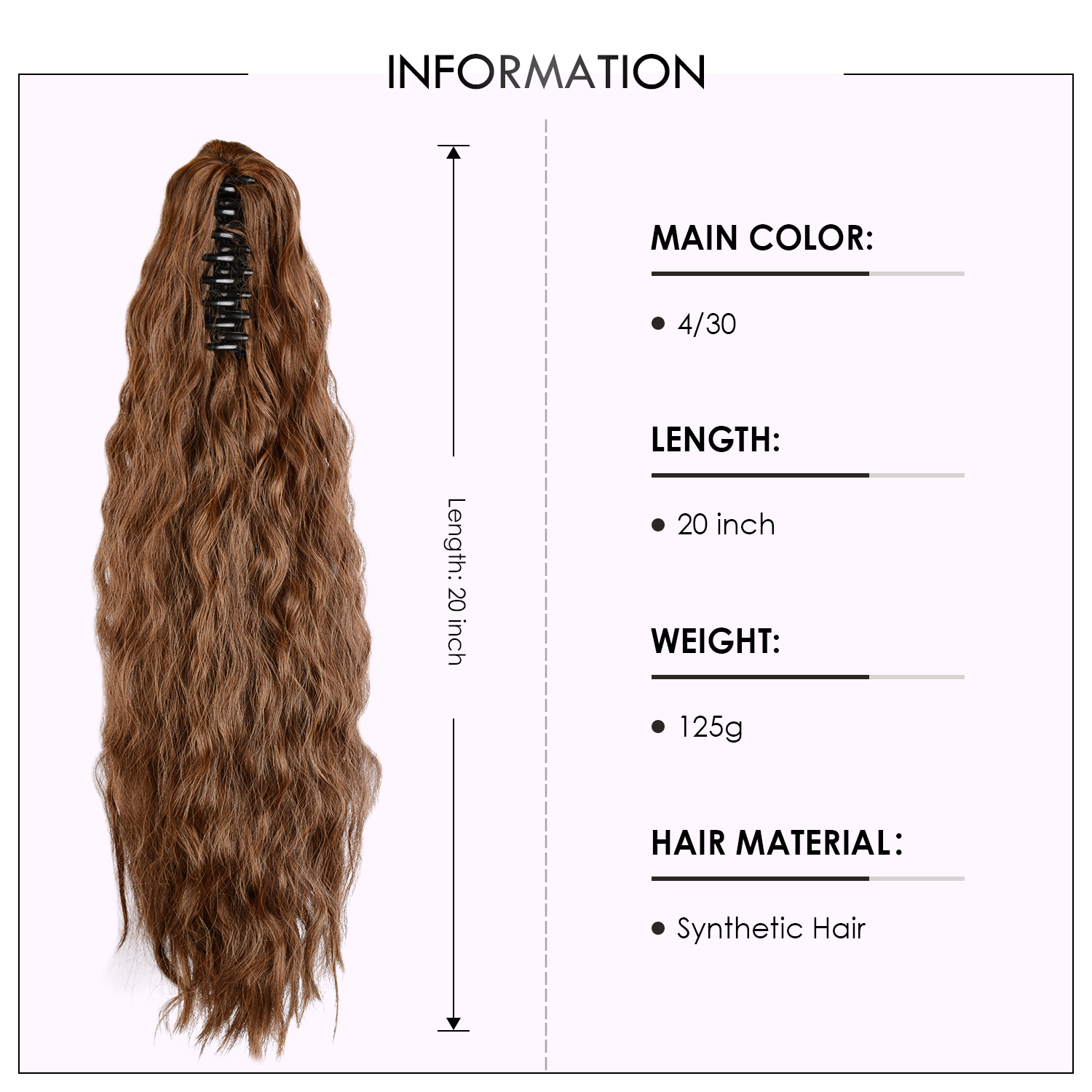 Sofeiyan Claw Clip in Ponytail Hair Extension Synthetic Long Corn Wave 20 Inch Curly Ponytail Hairpiece for Women Daily Party Use, Medium Brown & Light Auburn Mixed