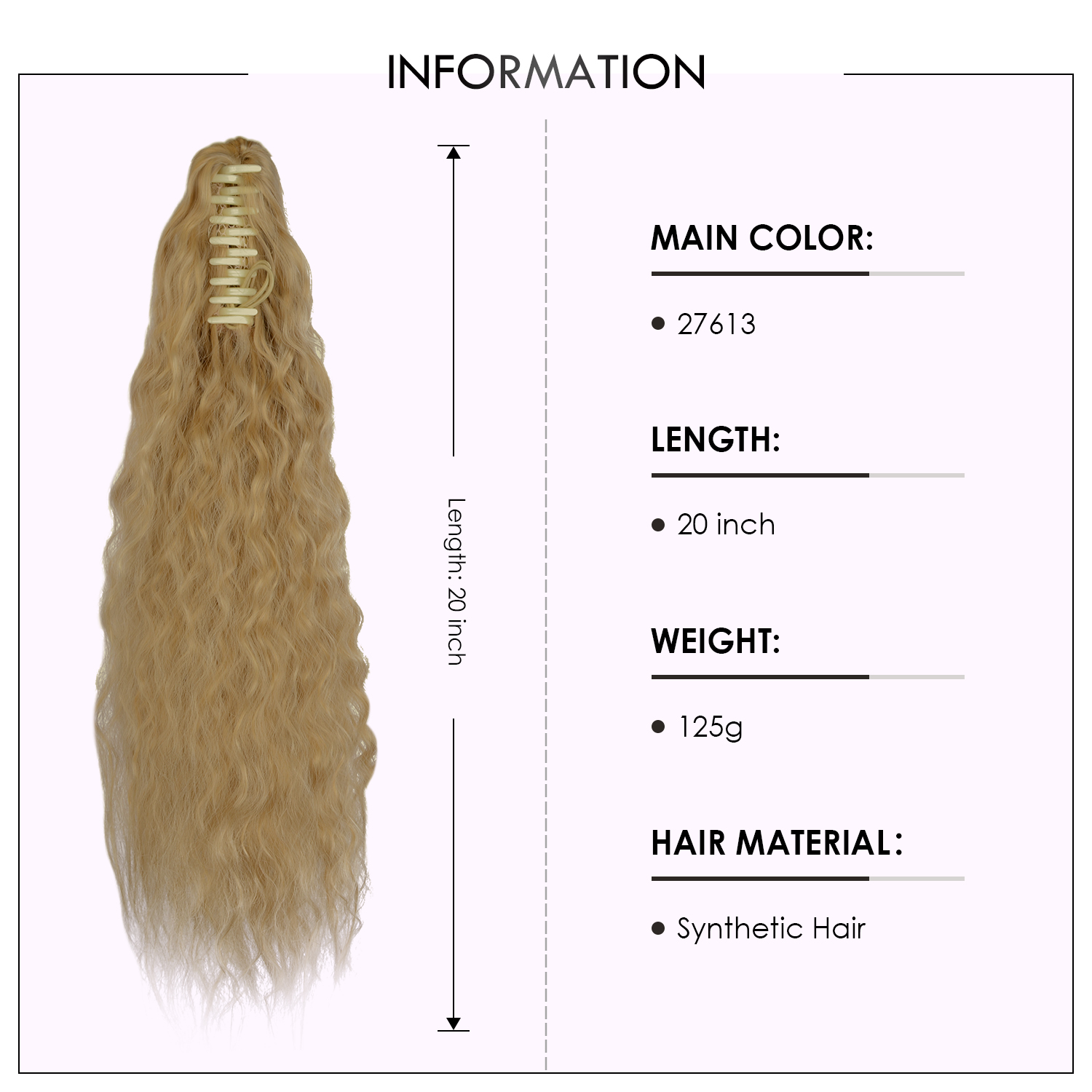 Sofeiyan Claw Clip in Ponytail Hair Extension Synthetic Long Corn Wave 20 Inch Curly Ponytail Hairpiece for Women Daily Party Use, Strawberry Blonde & Bleach Blonde