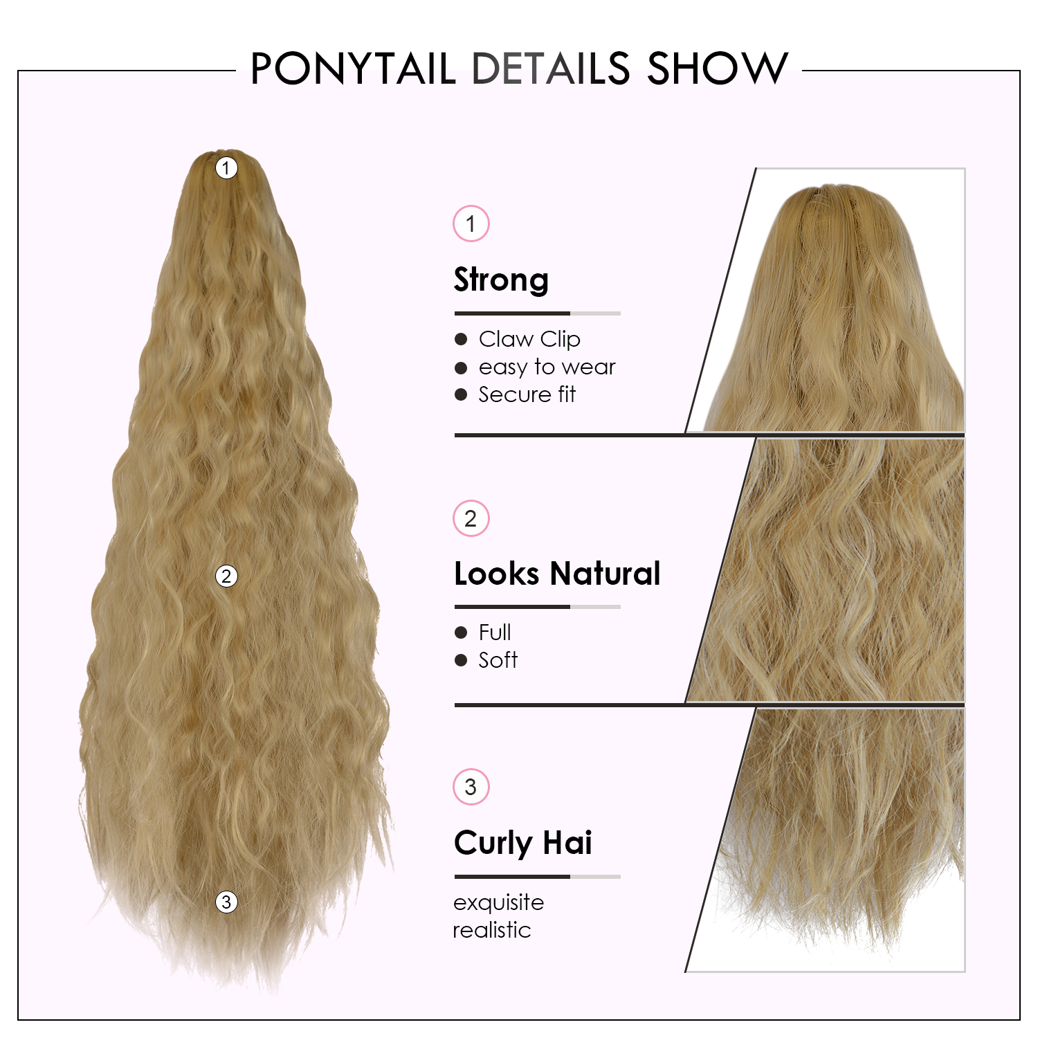 Sofeiyan Claw Clip in Ponytail Hair Extension Synthetic Long Corn Wave 20 Inch Curly Ponytail Hairpiece for Women Daily Party Use, Strawberry Blonde & Bleach Blonde