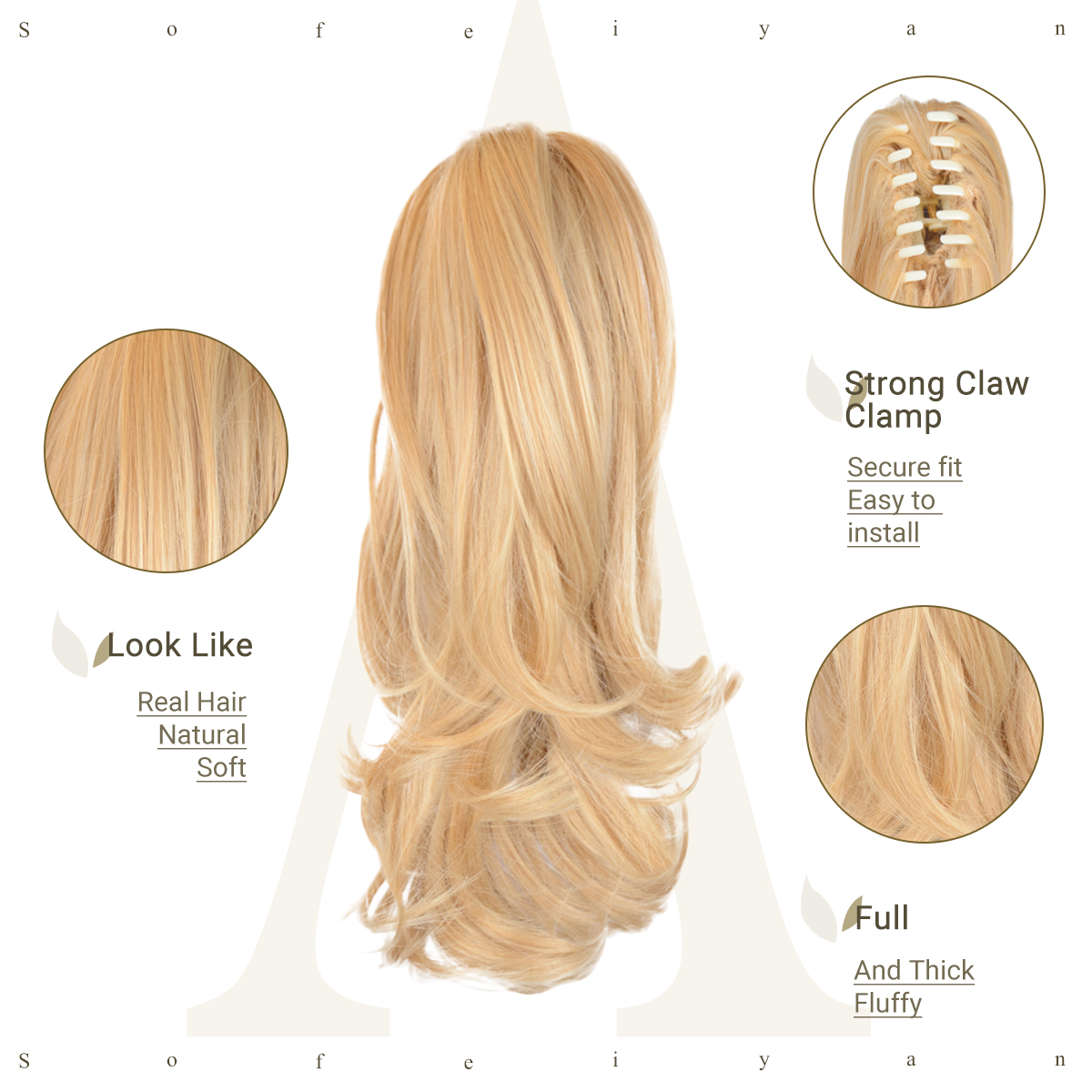 Sofeiyan 13 inch Curly Synthetic Hair Piece Ponytail Extension Drawstring on a Claw Clip Attachment Natural Looking for Women Ash Blonde & Bleach Blonde