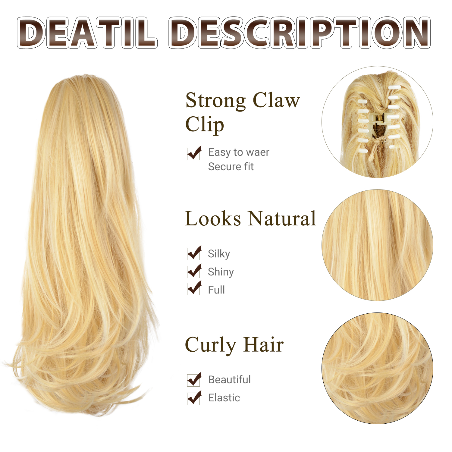 Sofeiyan 14 inch Curly Synthetic Hair Piece Ponytail Extension Drawstring on a Claw Clip Attachment Natural Looking for Women Ash Blonde & Bleach Blonde